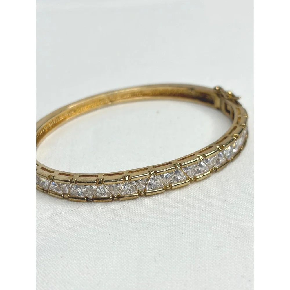 925 Sterling Silver Gold Tone Princess Cut CZ Hinged Bangle Bracelet